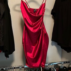 Small: Red satin dress, slit left side. NEW